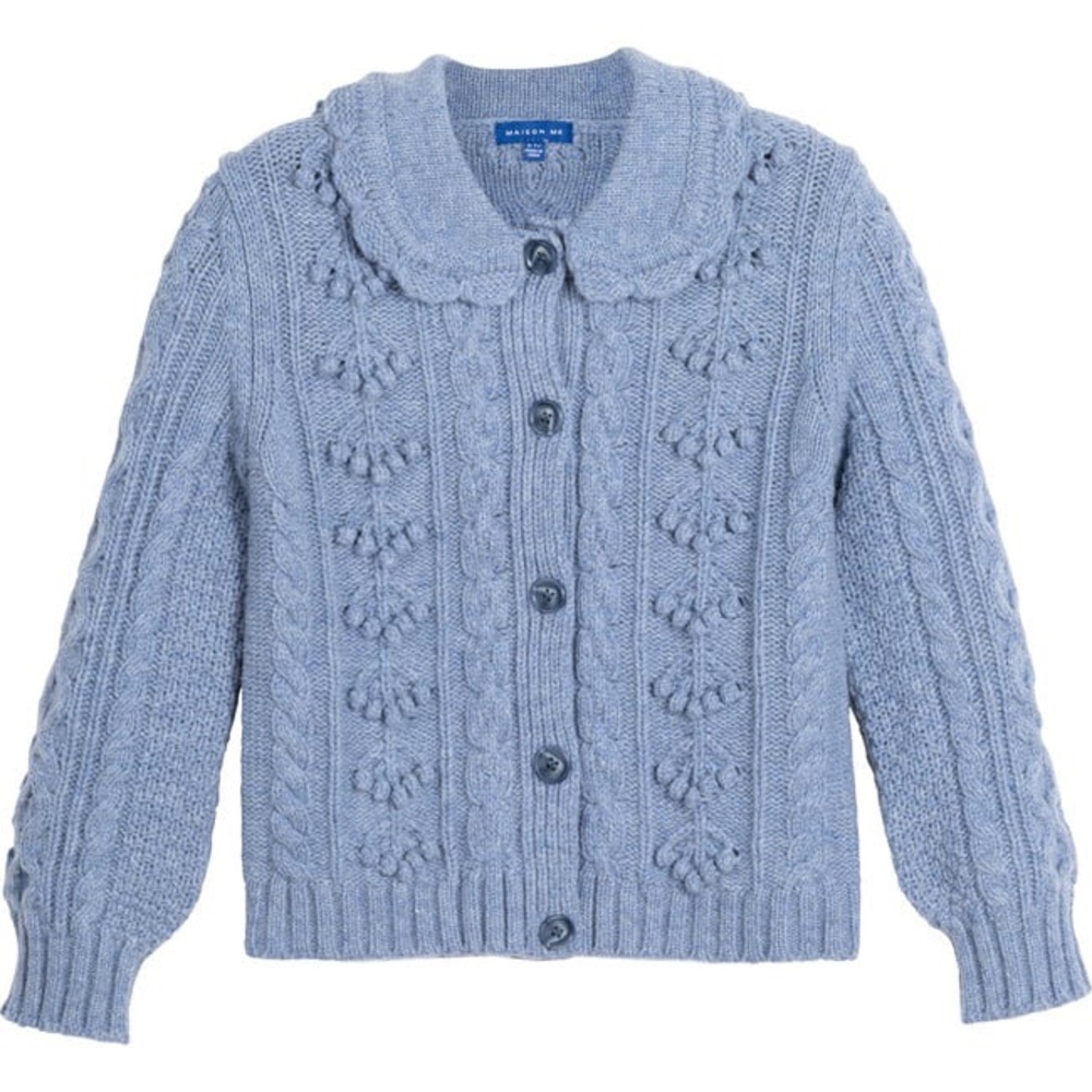 Maisonette MAISON ME Annaleise Cable Knit Denim Blue Wool Cardigan Sweater 12Y